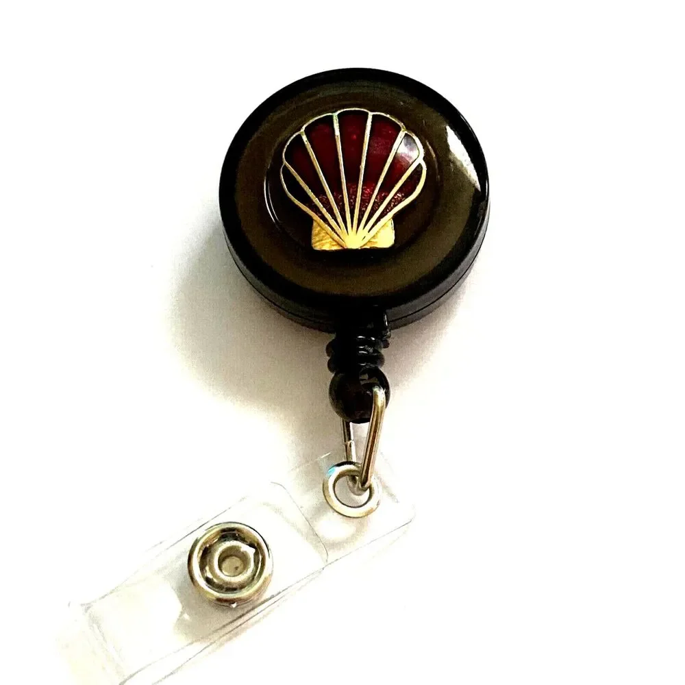 Vtg Sea Shell Cloisonne Charm ID Card Badge Holder Lanyard Retractable Reel